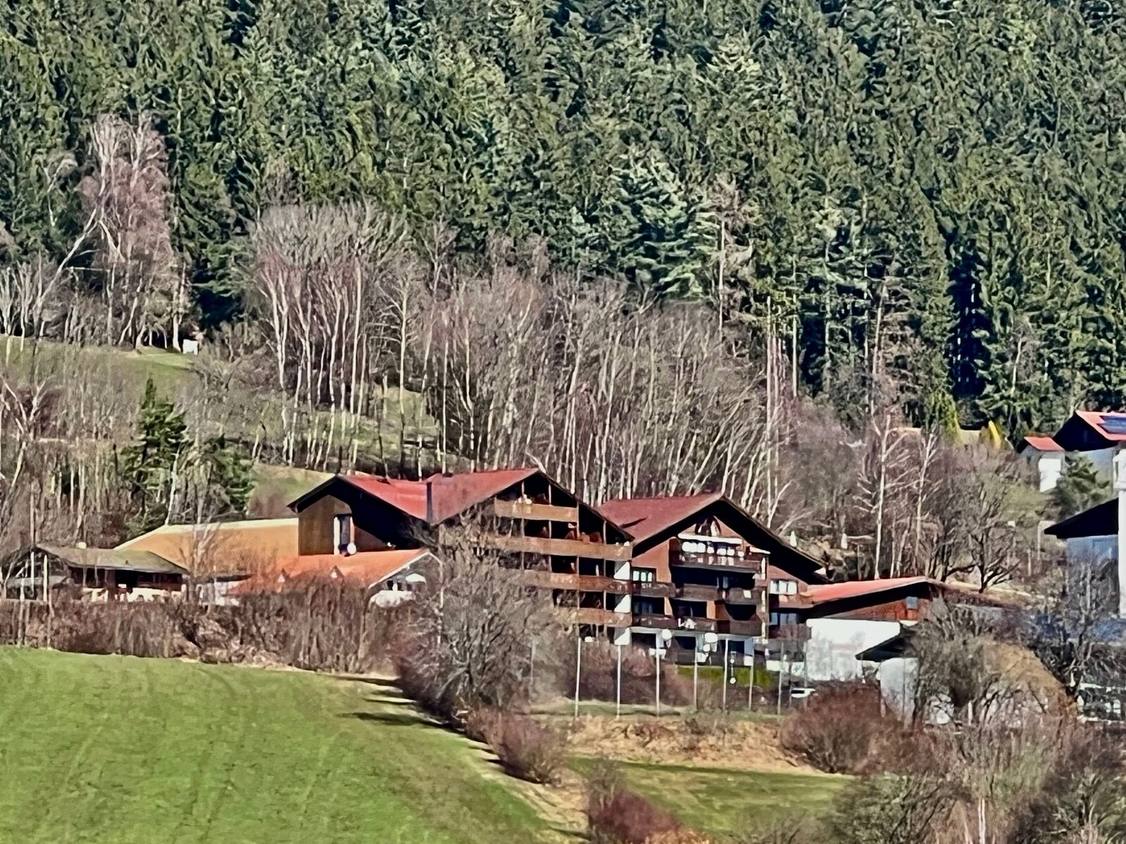Das Apartmenthaus von der gegenüberliegenden Talseite: ein mehrstöckiger Bau mit rotem Dach unmittelbar am Waldrand, davor Wiesen